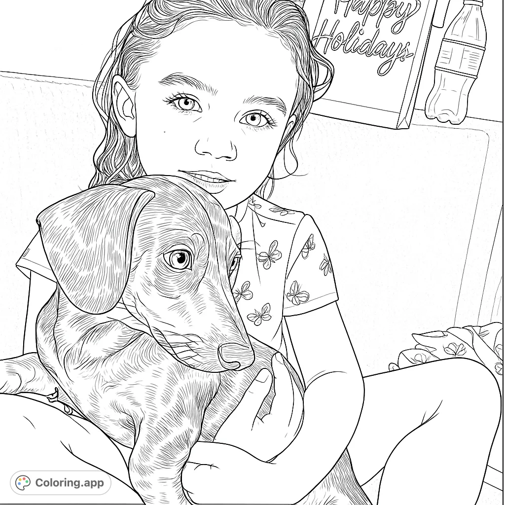 A heartwarming free printable girl and dog coloring page featuring a young girl lovingly holding her adorable dachshund puppy, perfect for kids and adults.