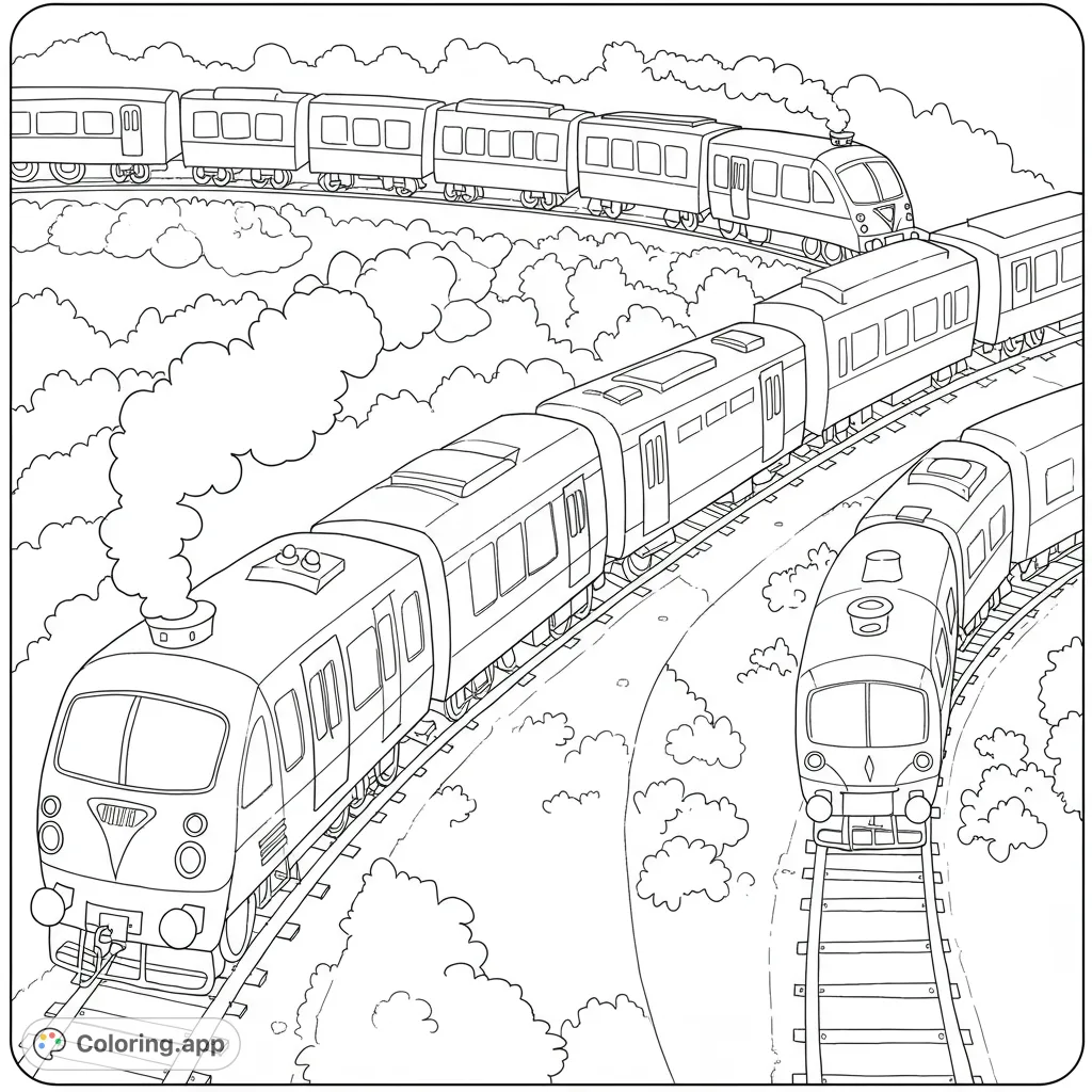 A dynamic train coloring page featuring three detailed passenger trains on winding tracks, surrounded by fluffy clouds and open sky, perfect for all ages.