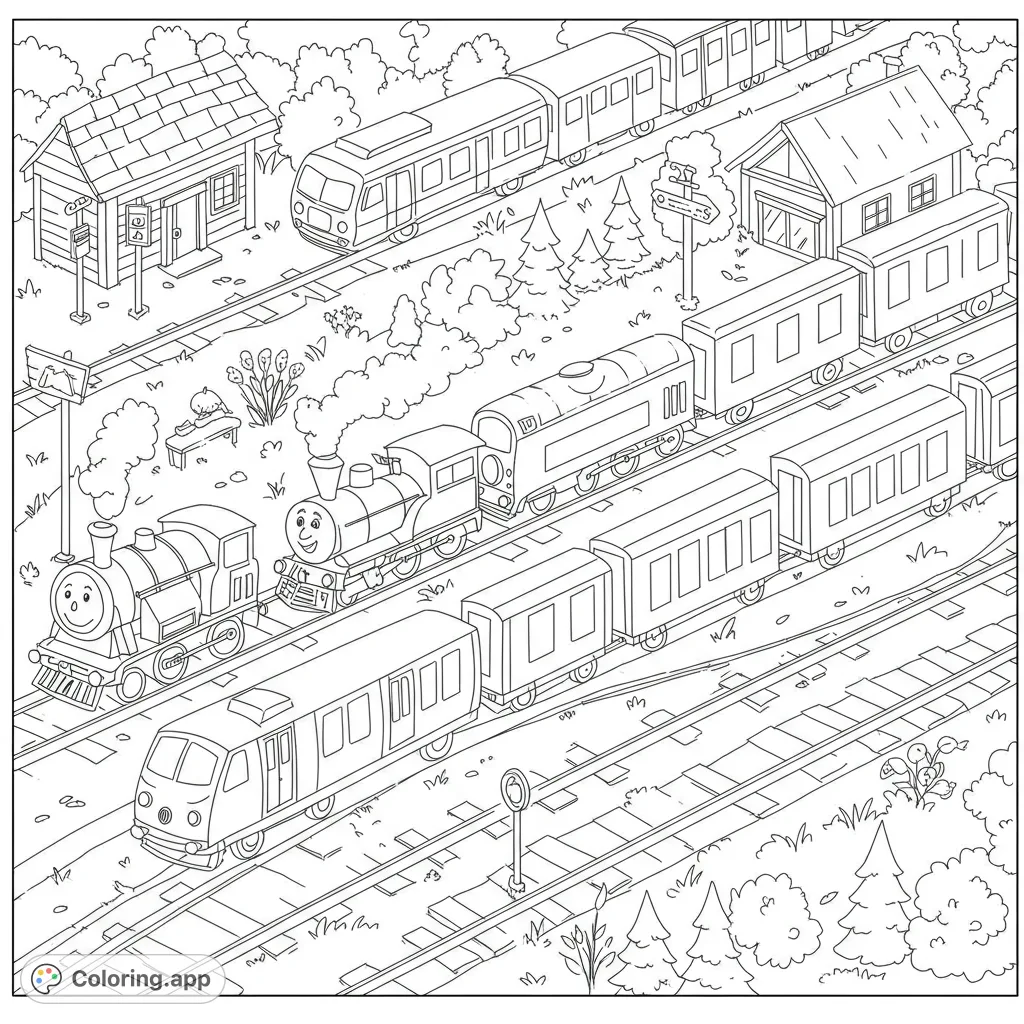 Explore a lively train station with multiple trains, tracks, and buildings. A fun, detailed railway scene perfect for all ages to color and enjoy.