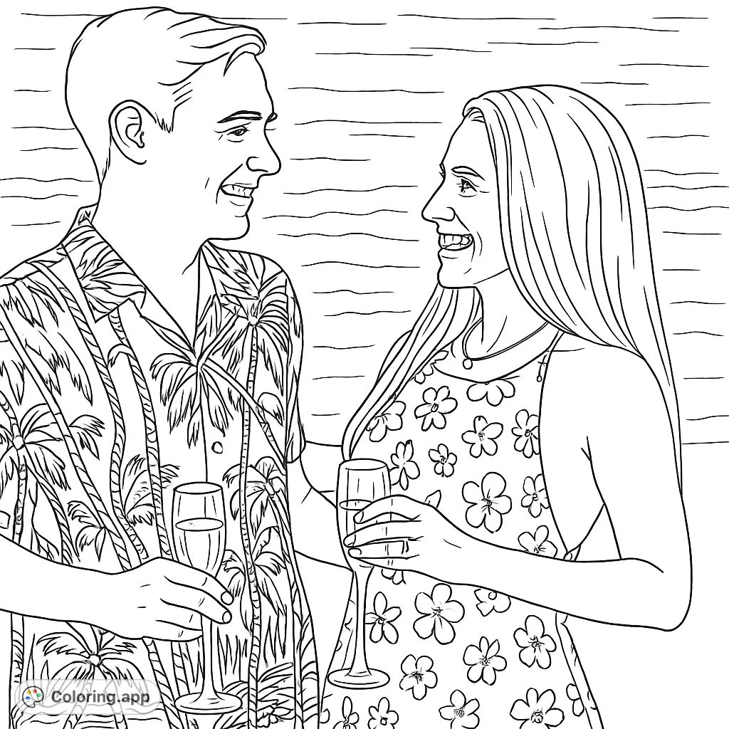 A joyful couple toasting with champagne in tropical attire. A free printable coloring page perfect for celebrating happy moments.