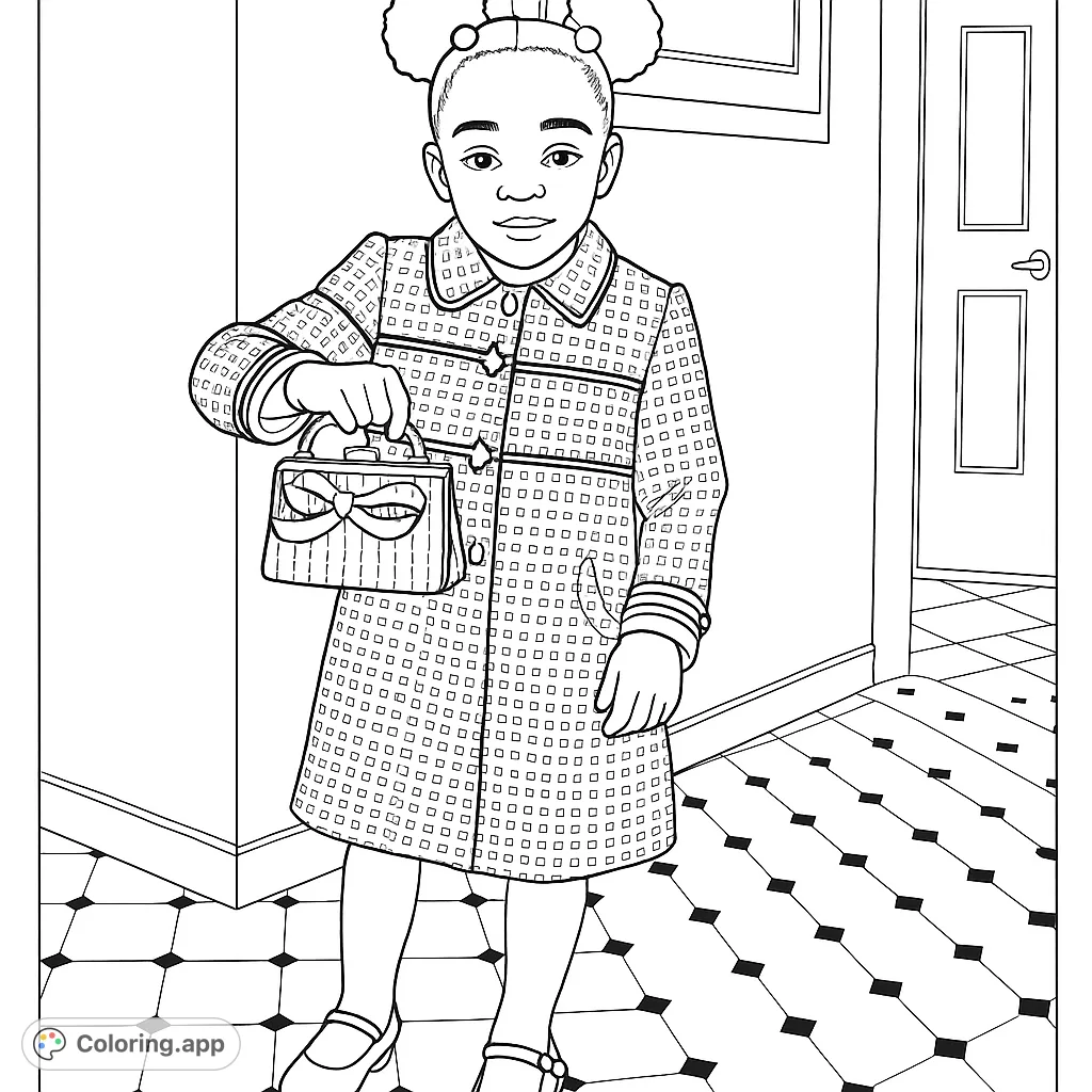 A charming girl in a patterned coat holds a bow handbag, standing in a tiled hallway. A delightful free printable coloring page for kids.