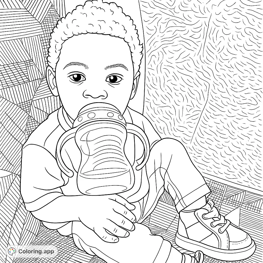 Adorable toddler enjoying a drink from a sippy cup, surrounded by unique line patterns. A heartwarming free printable baby coloring page for kids.