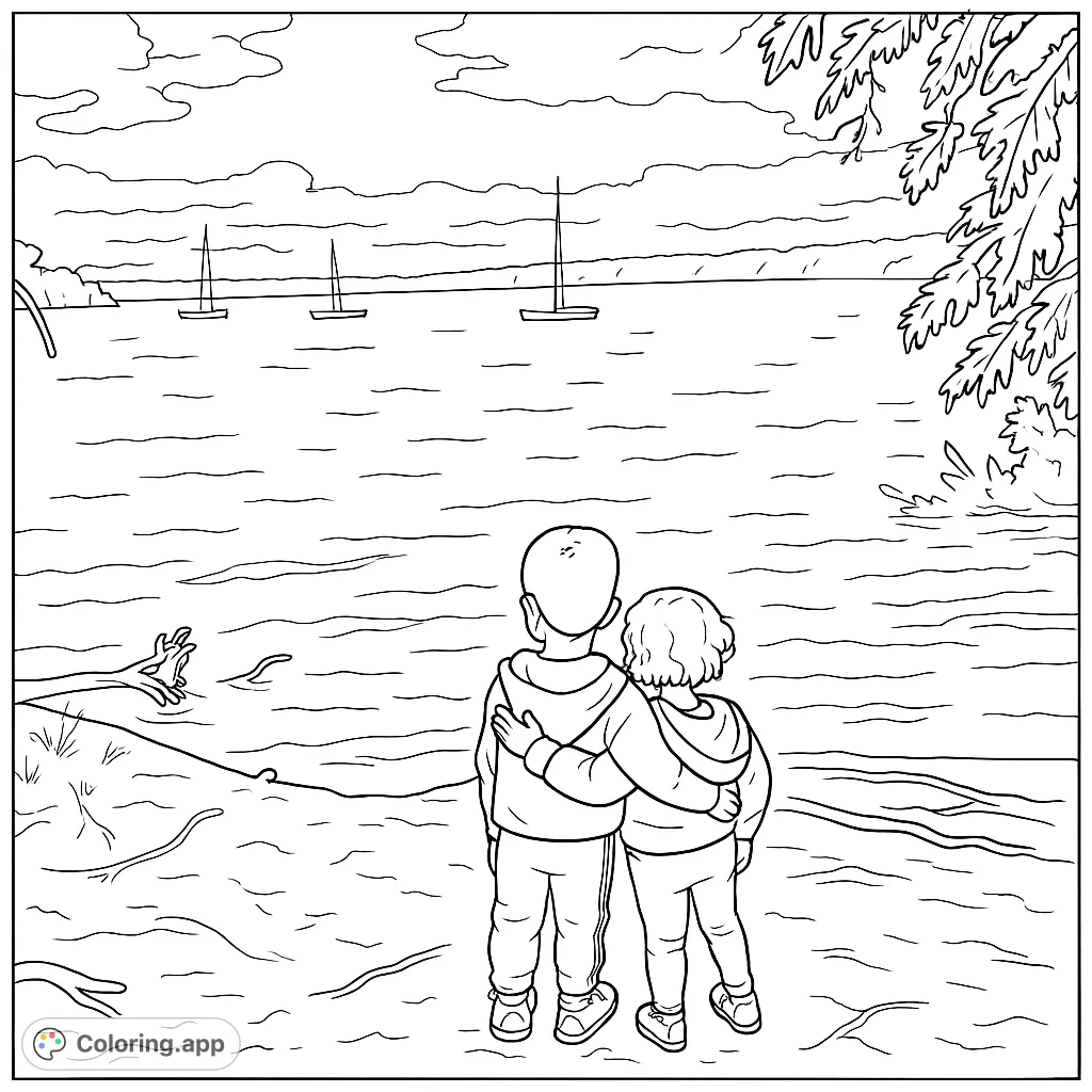 A heartwarming lake scene coloring page featuring two children watching sailboats, perfect for a free printable coloring page. Enjoy this serene nature coloring page.