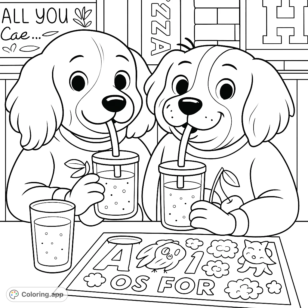 Two adorable puppies enjoy refreshing smoothies at a cafe, with fun details like a learning placemat. A delightful puppy friends coloring page, free printable coloring page for kids!