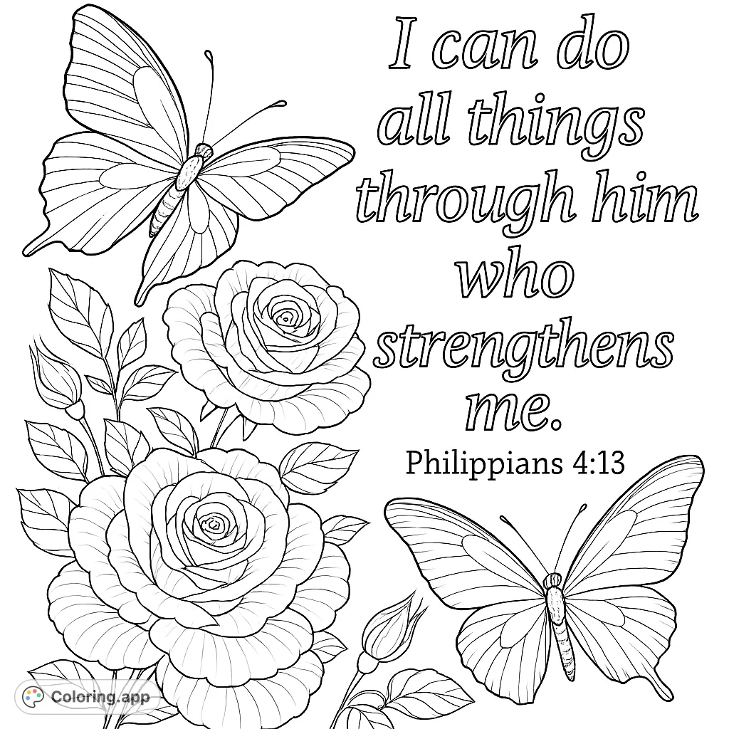A serene coloring page featuring elegant butterflies, detailed roses, and an inspiring scripture verse, perfect for mindful coloring and reflection.