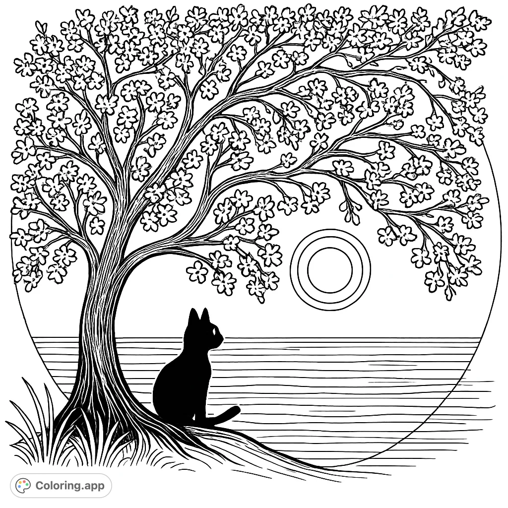 A serene cat sits under a blossoming tree, gazing at the horizon with a sun/moon in the sky. A peaceful nature scene for mindful coloring.