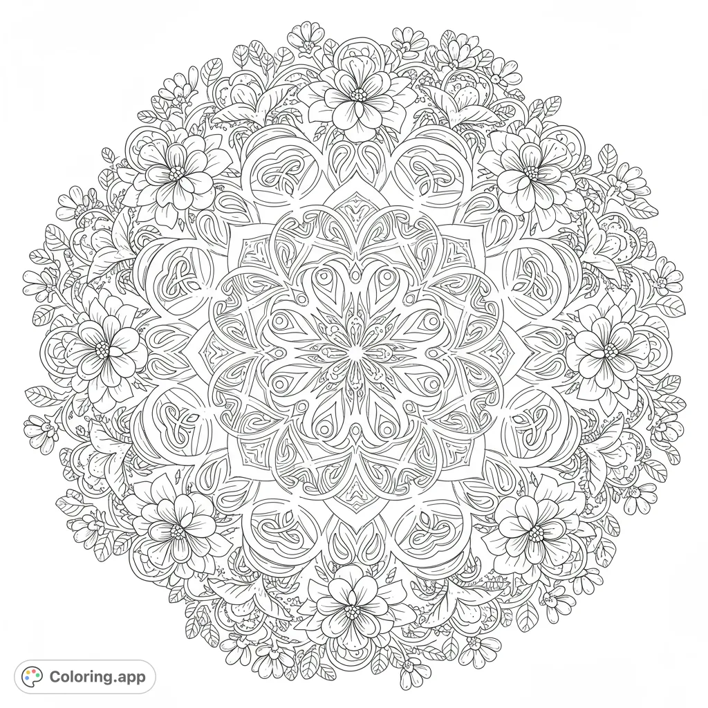 Intricate Celtic knots intertwine with delicate floral patterns in a beautiful mandala. A detailed design for mindful coloring and creative expression.