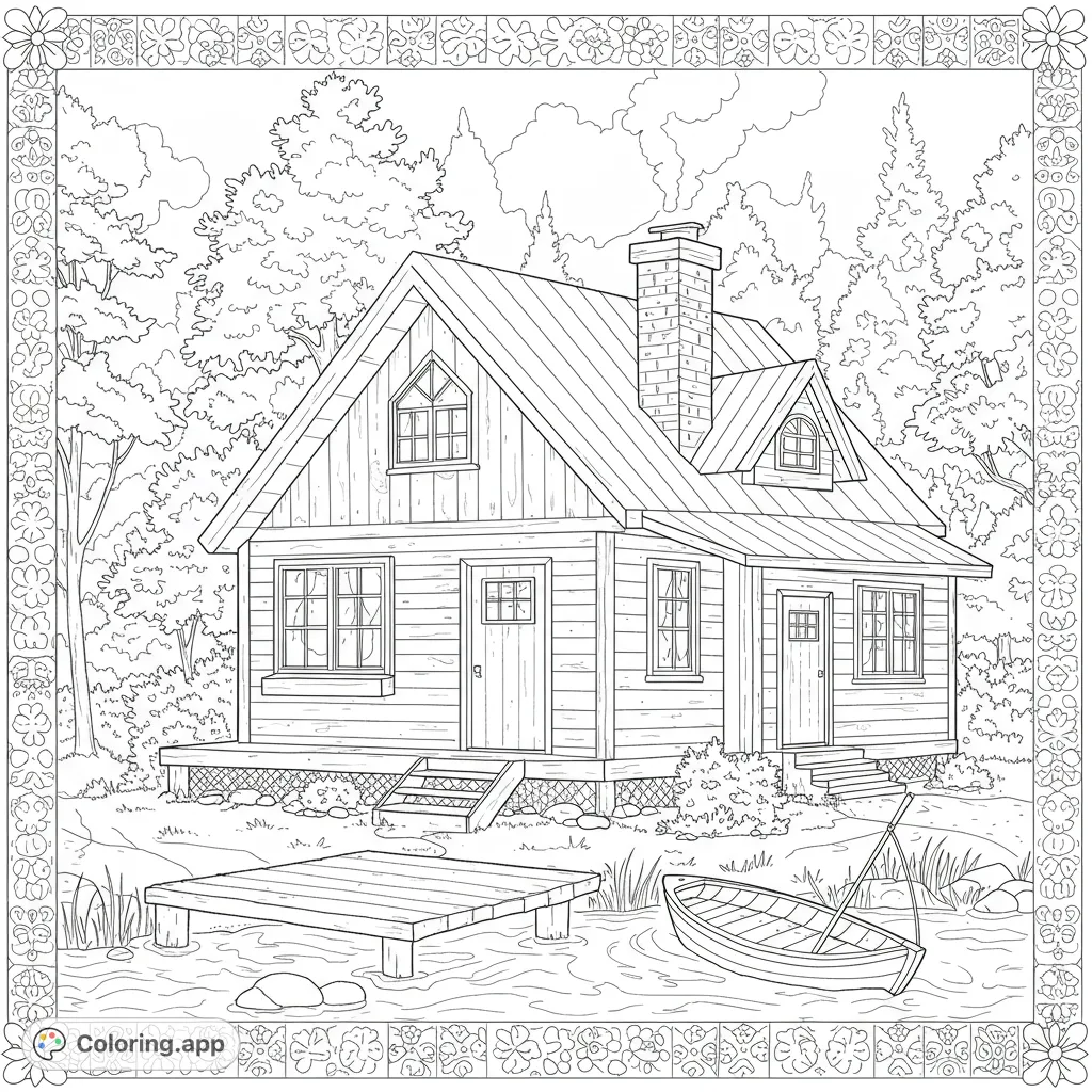 A charming lakeside cabin with a dock and rowboat, surrounded by a lush forest and framed by an intricate floral border. Perfect for nature lovers.