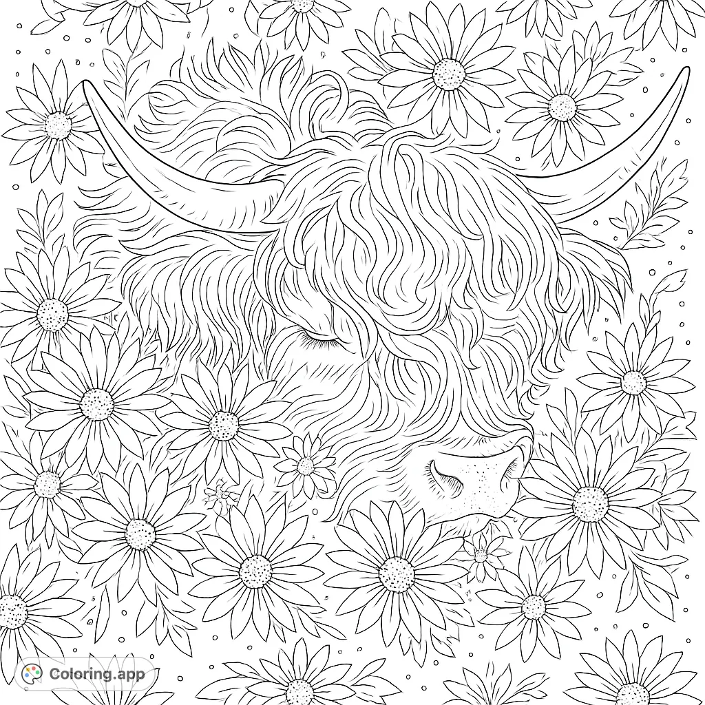 A serene Highland cow rests peacefully amidst a lush field of detailed flowers. Perfect for animal lovers and those seeking a calming, intricate coloring experience.