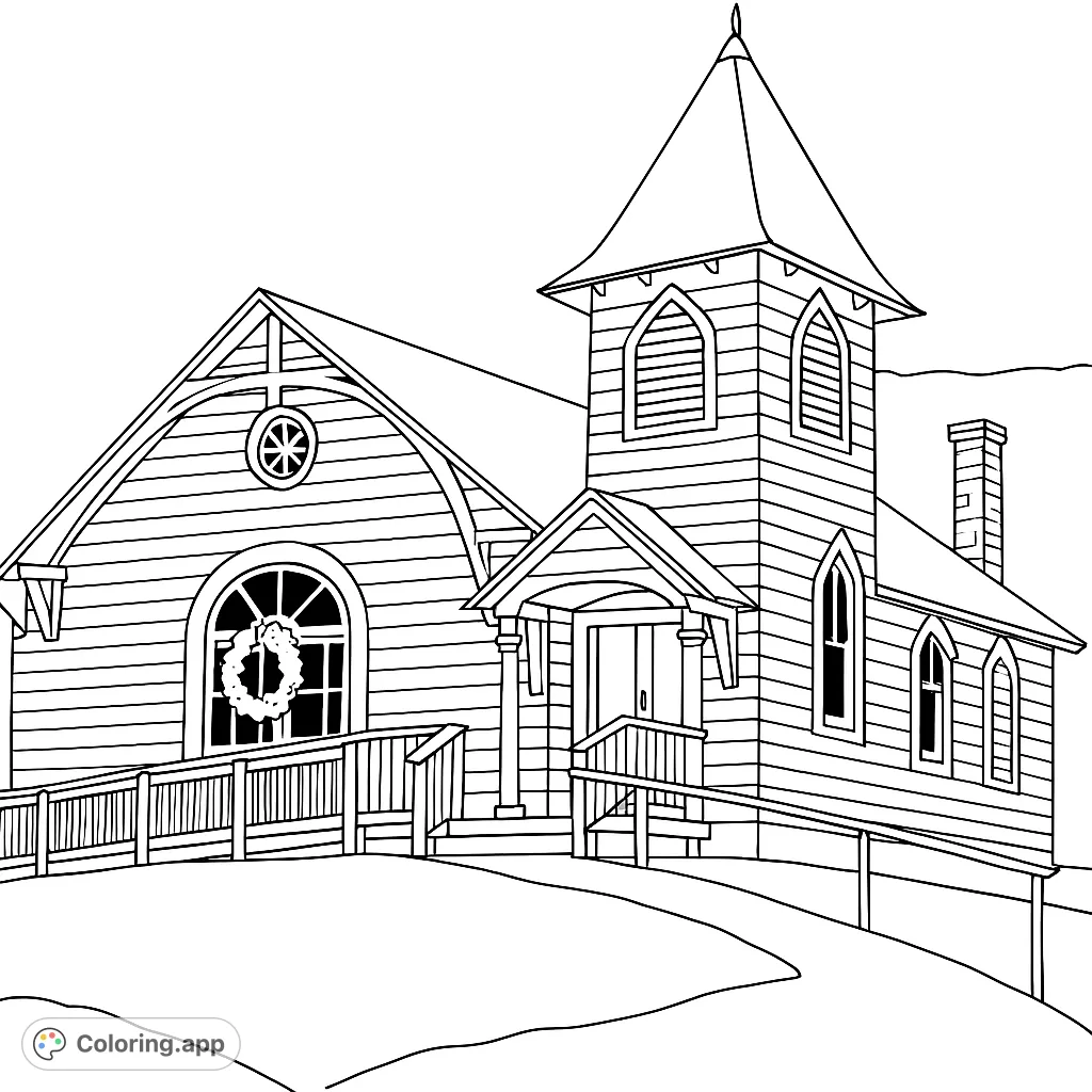 Color a charming historic church featuring a tall steeple, arched windows, and a festive wreath, set on a gentle hill under an open sky.