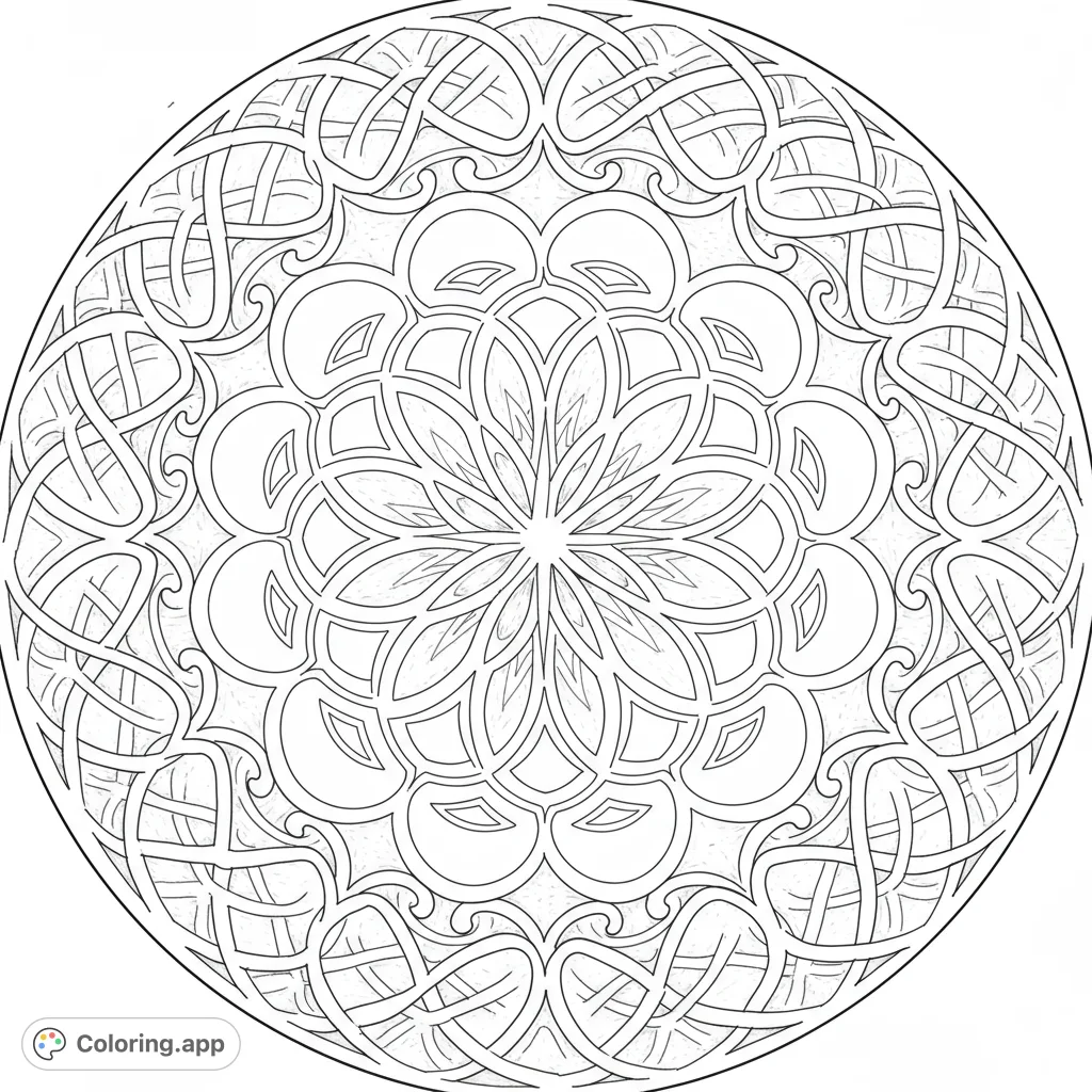Unwind with an intricate Celtic knot mandala coloring page. Features complex interwoven patterns, perfect for mindful coloring and artistic expression.