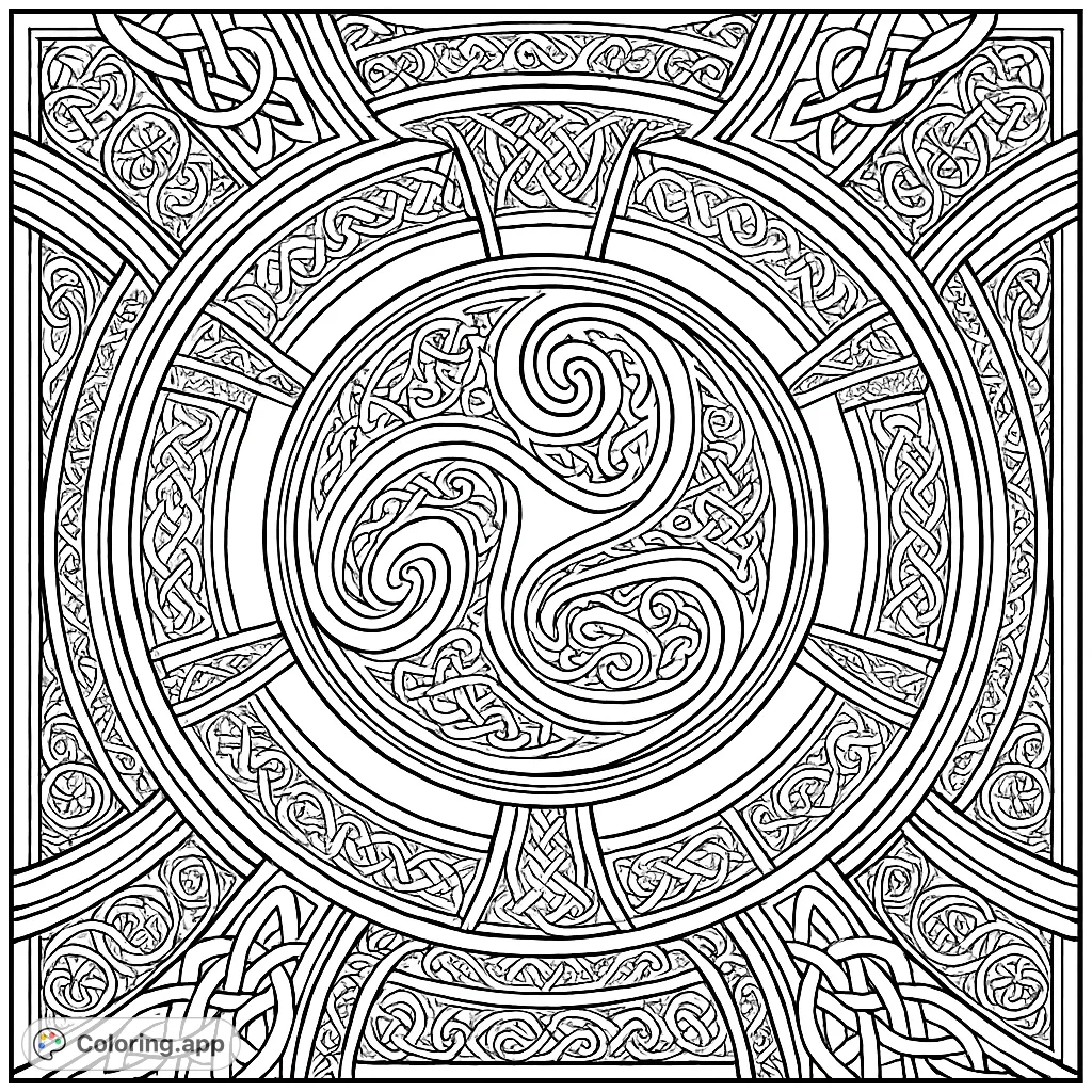An intricate Celtic knotwork mandala coloring page featuring a central triskele, surrounded by elaborate interwoven patterns and symmetrical designs for a meditative coloring experience.