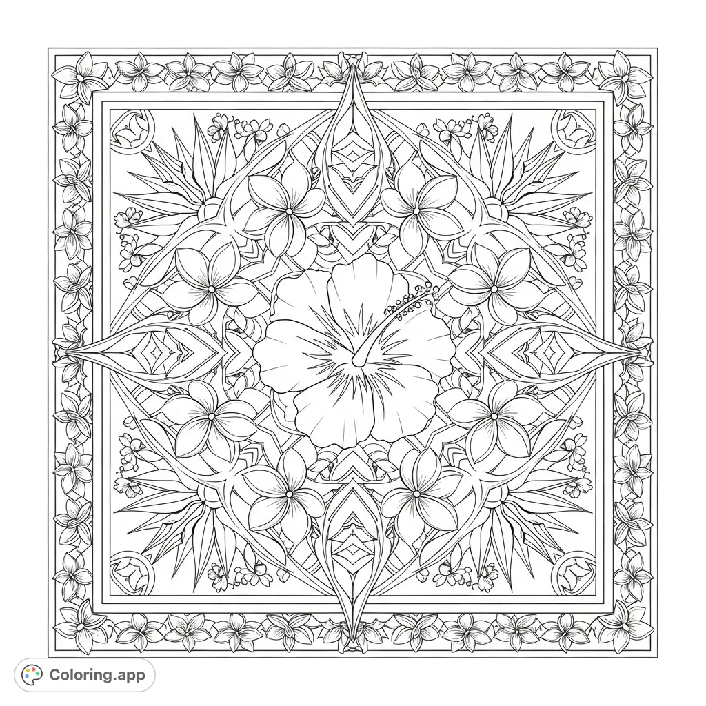 An intricate Hawaiian flowers square mandala with hibiscus and plumeria. A complex floral design for mindful coloring and creative expression. Perfect for relaxation.