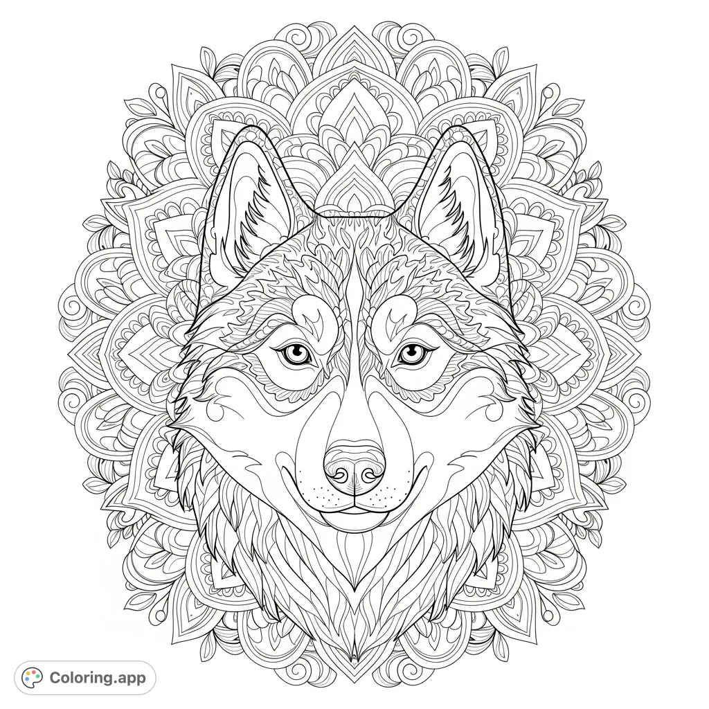 Dive into the detailed world of this husky mandala coloring page. Featuring a majestic husky face intertwined with complex patterns, perfect for mindful coloring.