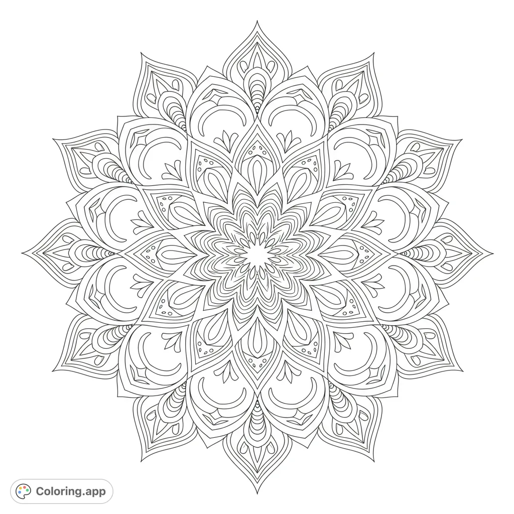 Discover an intricate, full-page mandala coloring page featuring symmetrical patterns and delicate details, perfect for relaxation and creativity.