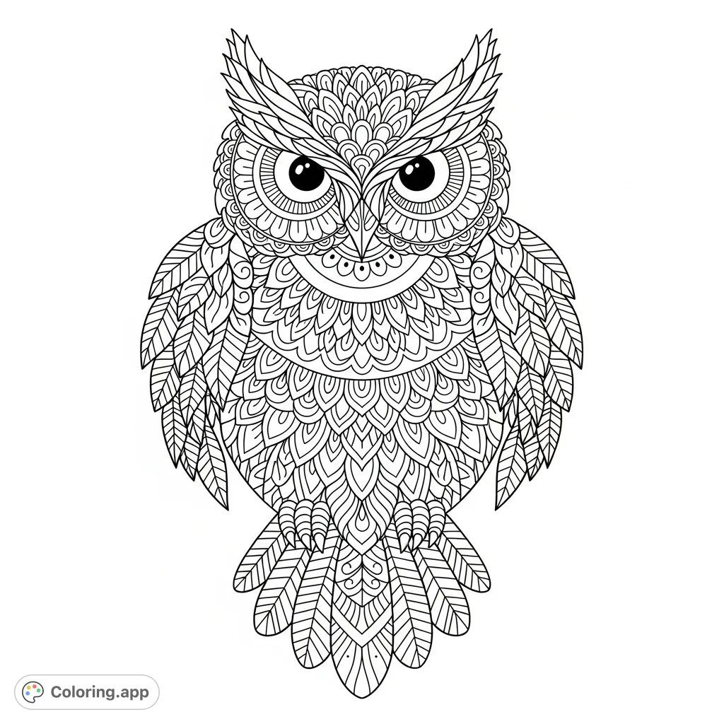 An intricate full-page mandala owl coloring page, featuring symmetrical patterns, floral motifs, and geometric shapes for a meditative coloring experience.