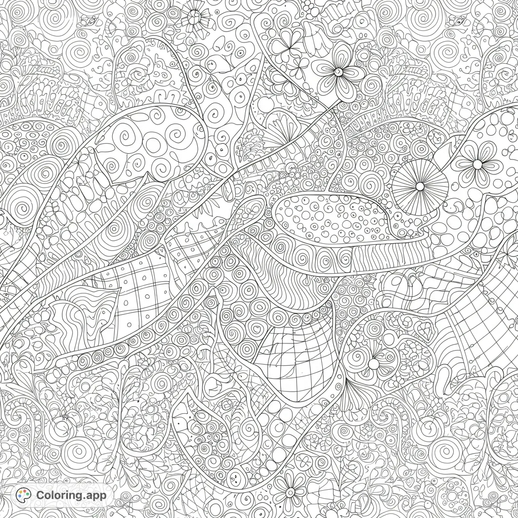 An intricate Zen tangled coloring page featuring a harmonious blend of organic and geometric patterns, perfect for mindful coloring and relaxation.