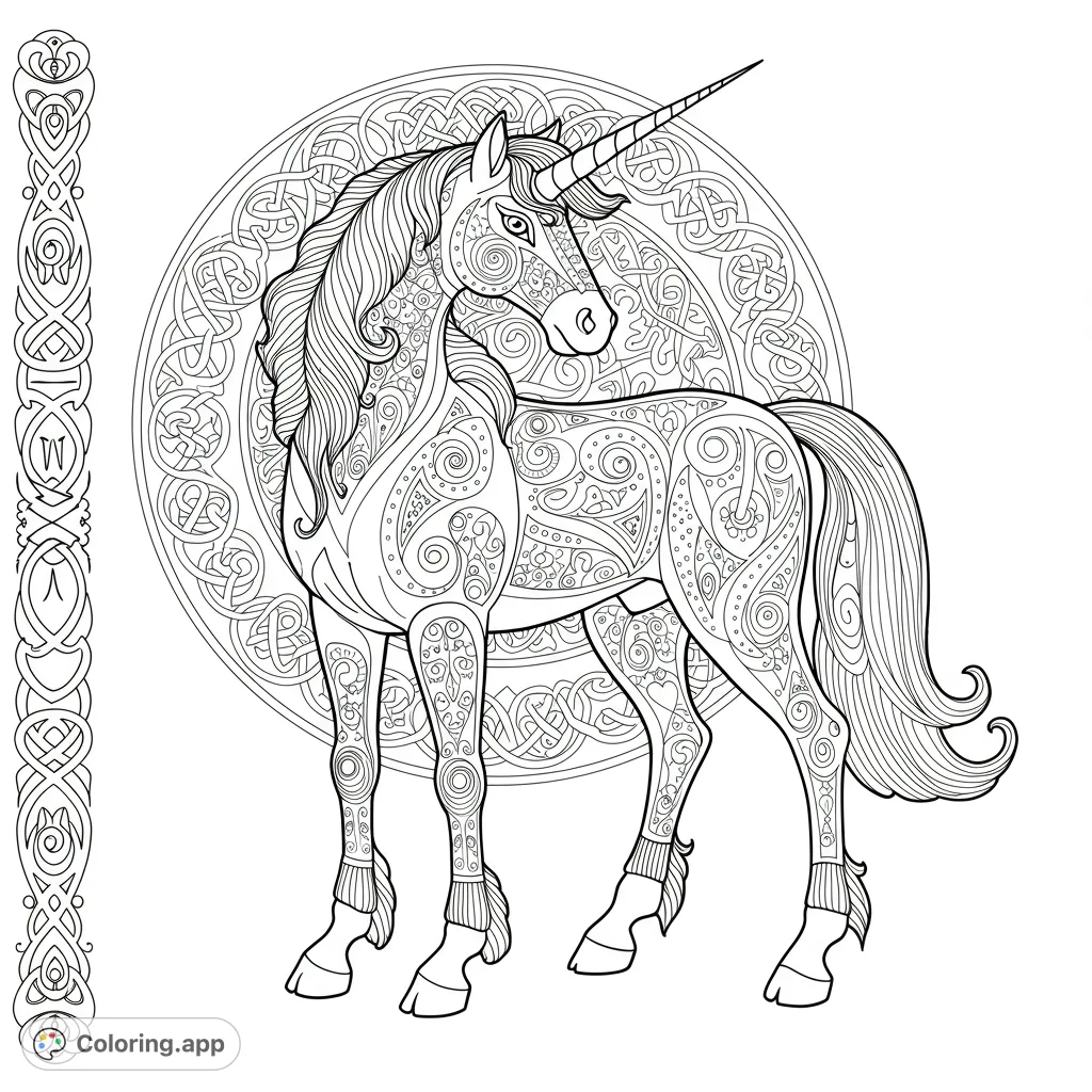 An intricate Celtic unicorn coloring page featuring detailed knotwork patterns on its body and a grand circular Celtic background. Perfect for fantasy art lovers.
