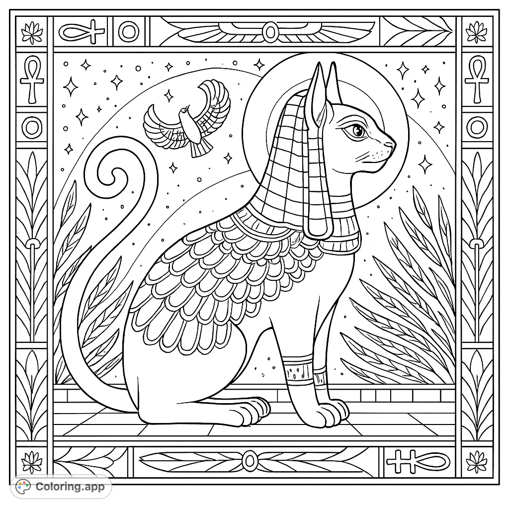 A majestic Egyptian cat goddess, adorned with intricate patterns and symbols, sits regally under a starry sky, framed by ancient motifs.