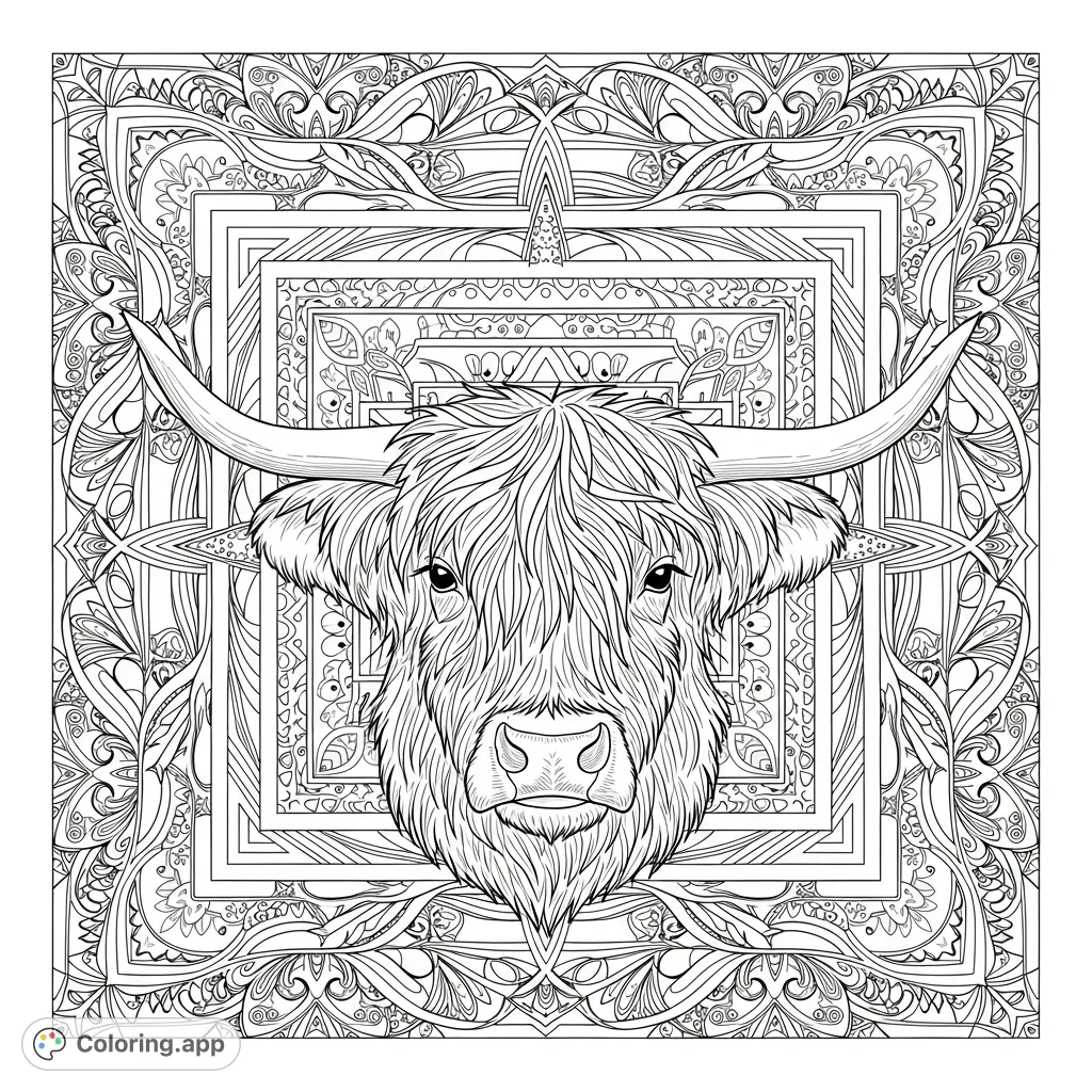 Discover a captivating Highland cow's head surrounded by a beautifully intricate square mandala. Perfect for animal lovers and mandala enthusiasts seeking a unique challenge.