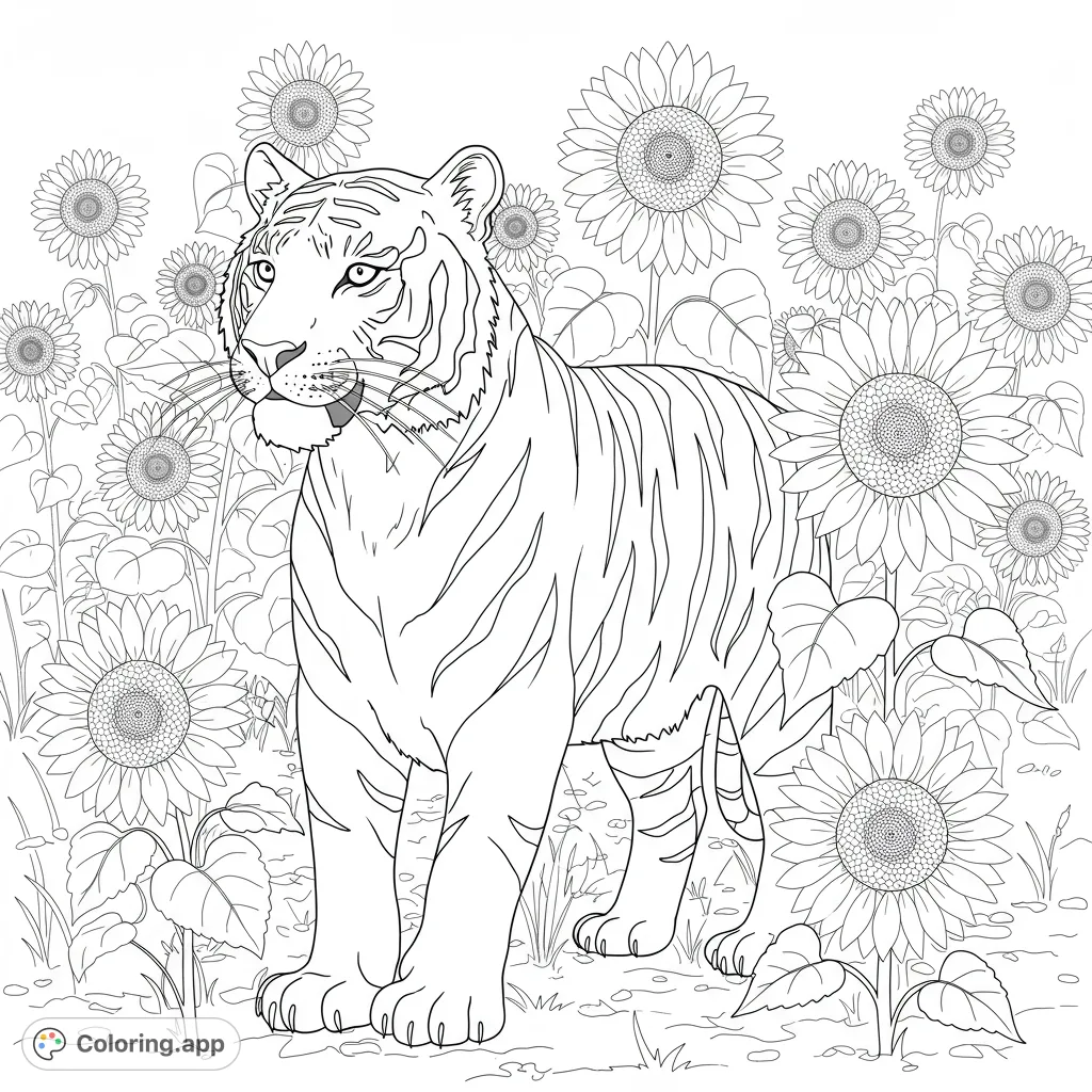 A stunning tiger coloring page featuring a majestic tiger amidst a field of vibrant sunflowers, perfect for nature and animal lovers. Free printable.