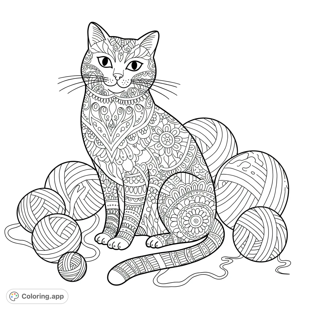 Discover a serene mandala cat surrounded by playful yarn balls. A detailed design perfect for mindful coloring and creative expression.