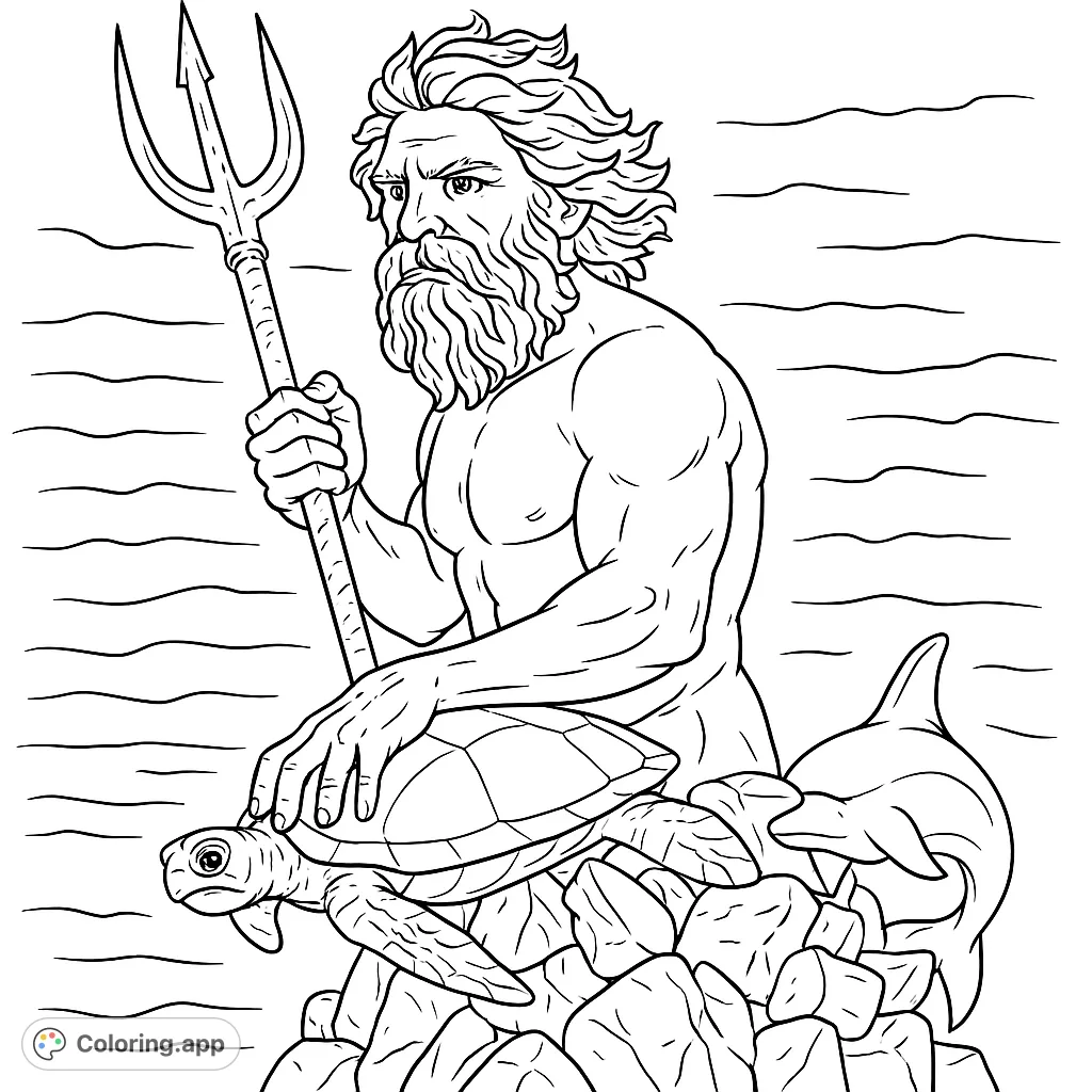 A majestic sea god, trident in hand, surrounded by ocean creatures and a sea turtle. A powerful mythological scene ready for your creative touch.