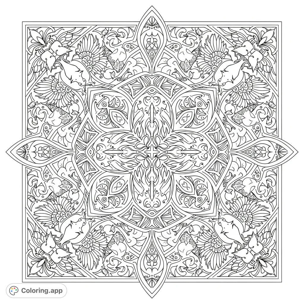 An intricate square mandala featuring an array of mythical creatures and elegant patterns, inviting a detailed and meditative coloring experience.