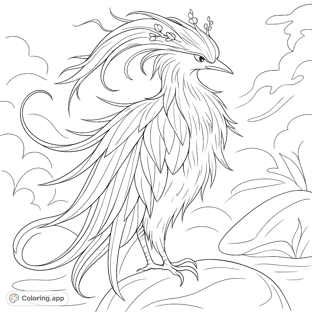 Color a majestic feathered creature with intricate details, standing gracefully on a rock in a serene stream. A captivating fantasy scene.