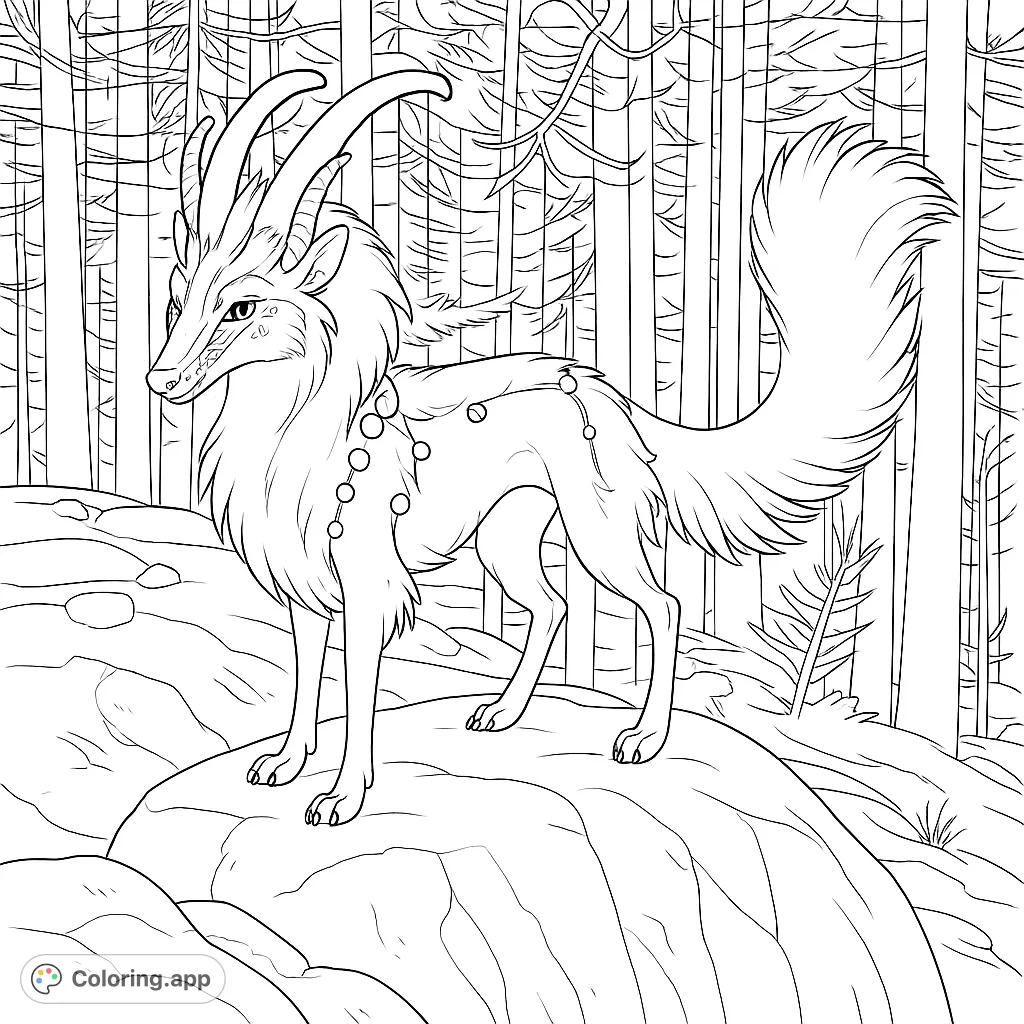 Discover a majestic mythical creature with intricate details and flowing fur, standing gracefully in a serene forest. A captivating fantasy coloring page for all ages.