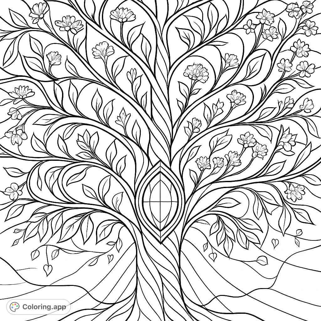 Discover an intricate Tree of Life coloring page, featuring a twisted trunk, diverse blossoms, and a central jewel, all within a segmented, flowing background.