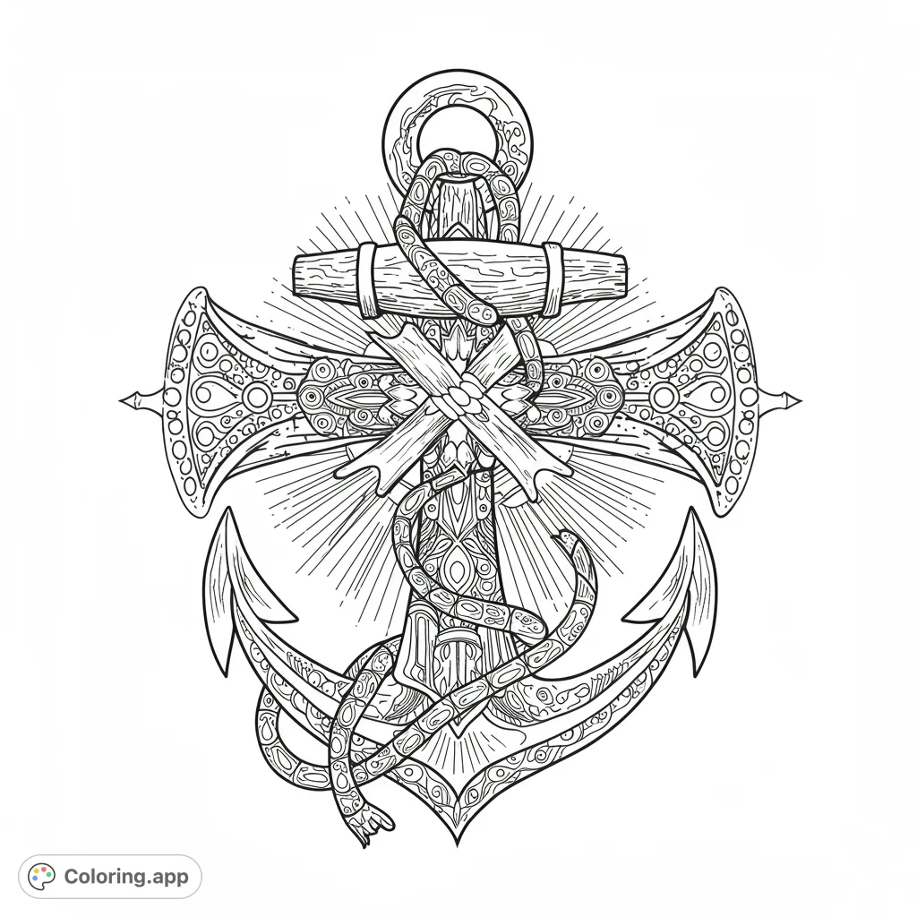 Intricate anchor and cross design with detailed patterns and rope. A captivating nautical and spiritual free printable coloring page for all ages.