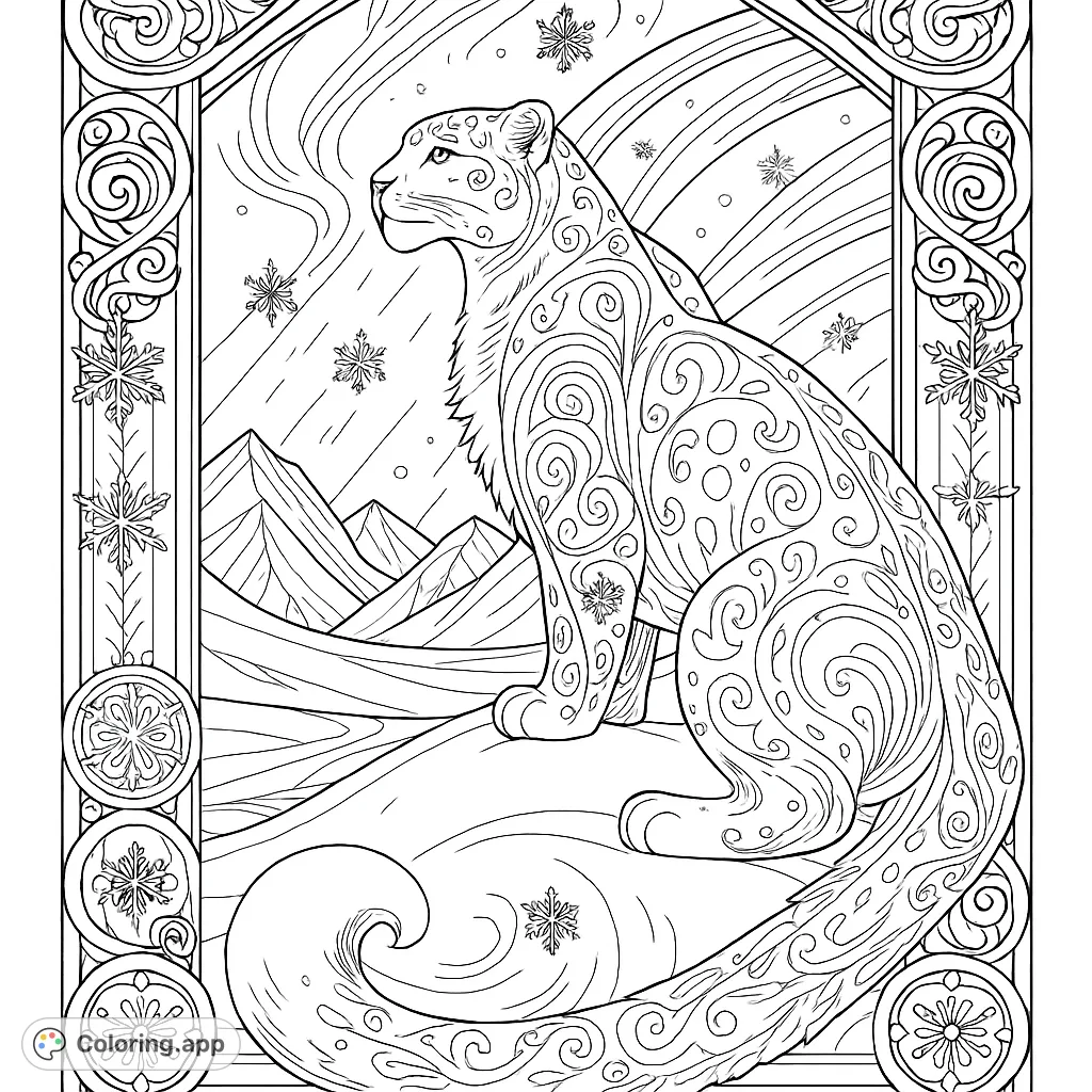 An intricate snow leopard, adorned with swirling patterns, rests amidst a snowy mountainscape beneath a celestial sky, framed by elegant decorative motifs.