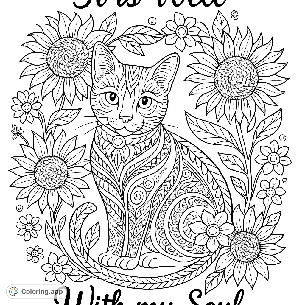 An intricate patterned cat sits within a beautiful floral wreath, offering a detailed and calming coloring experience for all ages. Perfect for mindfulness.