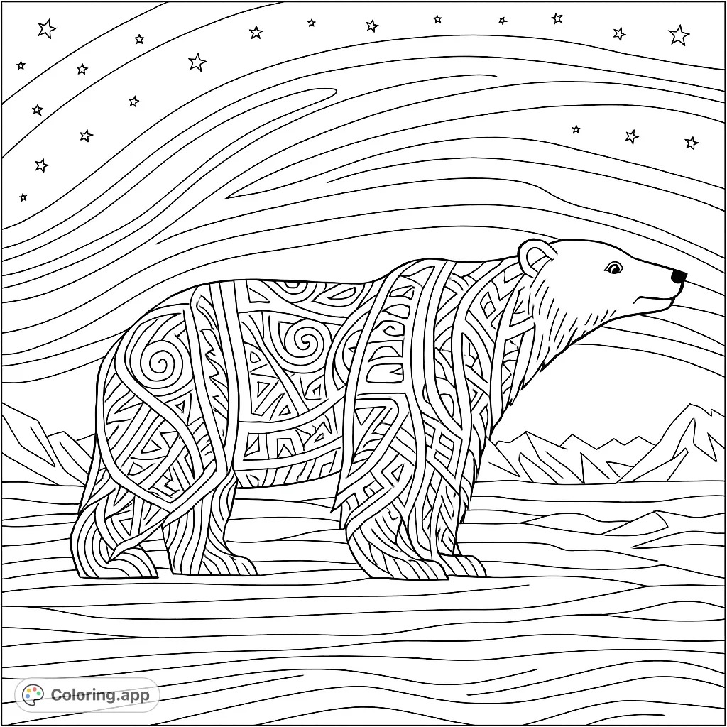 A majestic polar bear adorned with intricate tribal patterns stands in an arctic landscape under a dynamic, star-filled sky. A unique artistic challenge.