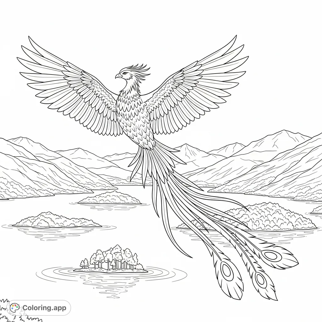 A majestic phoenix soars above the iconic Loch Lomond, featuring intricate feather details and a serene Scottish landscape. Perfect for fantasy enthusiasts.