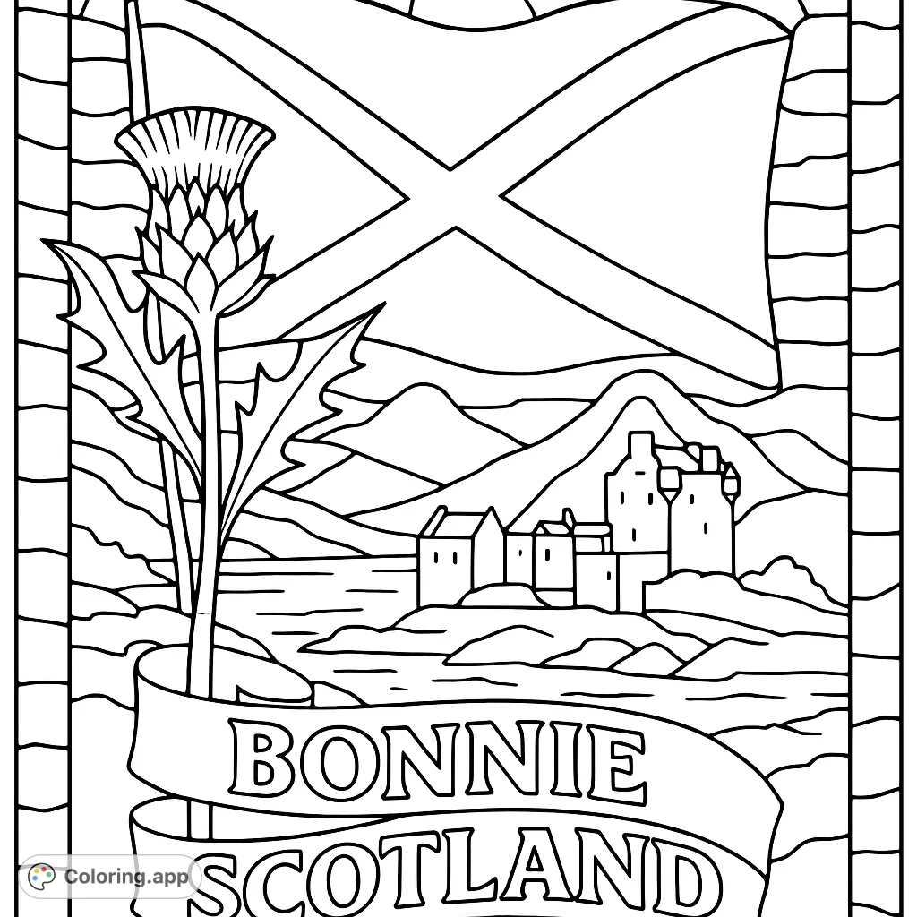 Explore a majestic Scottish landscape featuring a grand castle, a proud thistle, and the national flag, all rendered in a unique mosaic style. Perfect for all ages!