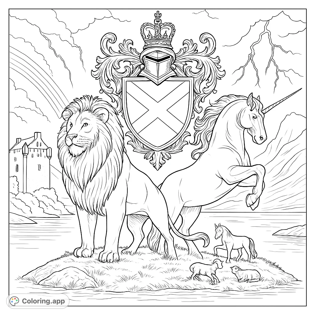 A majestic lion and rearing unicorn flank a Scottish crest under a stormy sky with a castle and mountains. A powerful and symbolic scene.