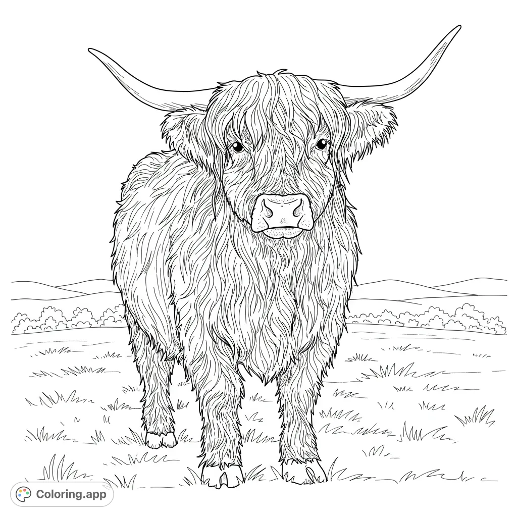 A charming Highland cow with a shaggy coat and impressive horns, set in a peaceful pasture. Perfect for animal lovers and a relaxing coloring experience.