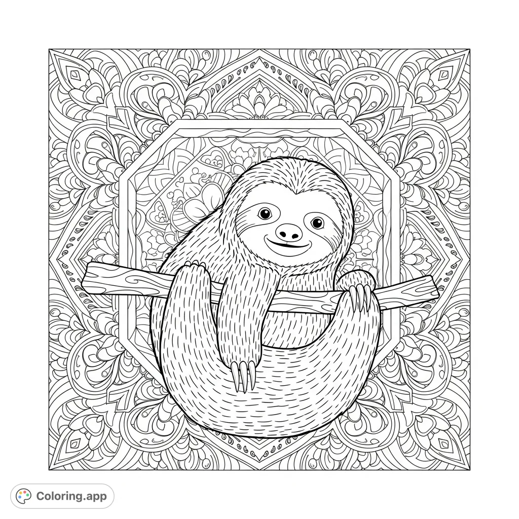 Discover tranquility with this intricate square sloth mandala coloring page. A gentle sloth at the center, surrounded by detailed geometric and organic patterns.