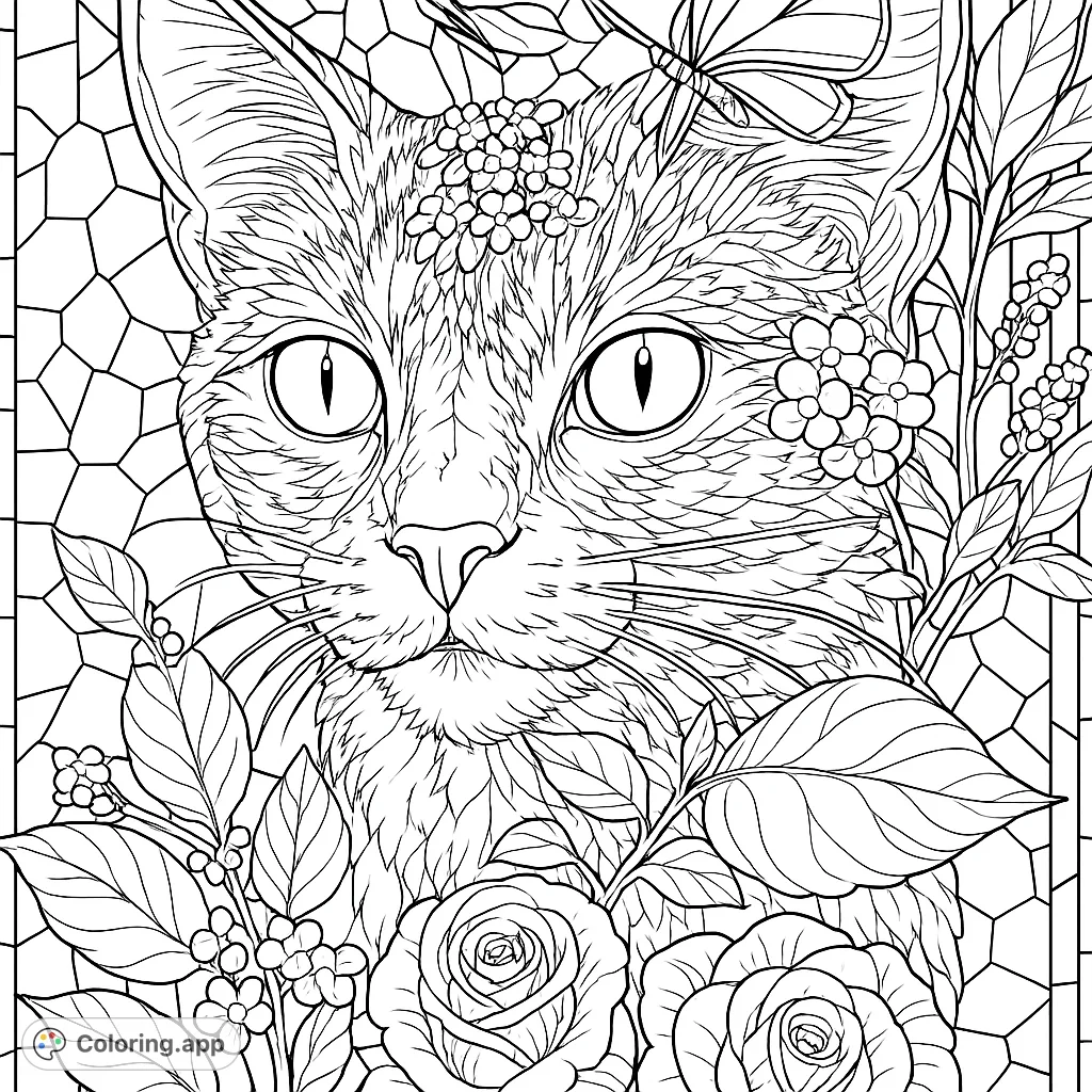 A captivating stained glass cat portrait, intricately detailed with floral elements and butterflies. A unique mosaic ready for your artistic touch.