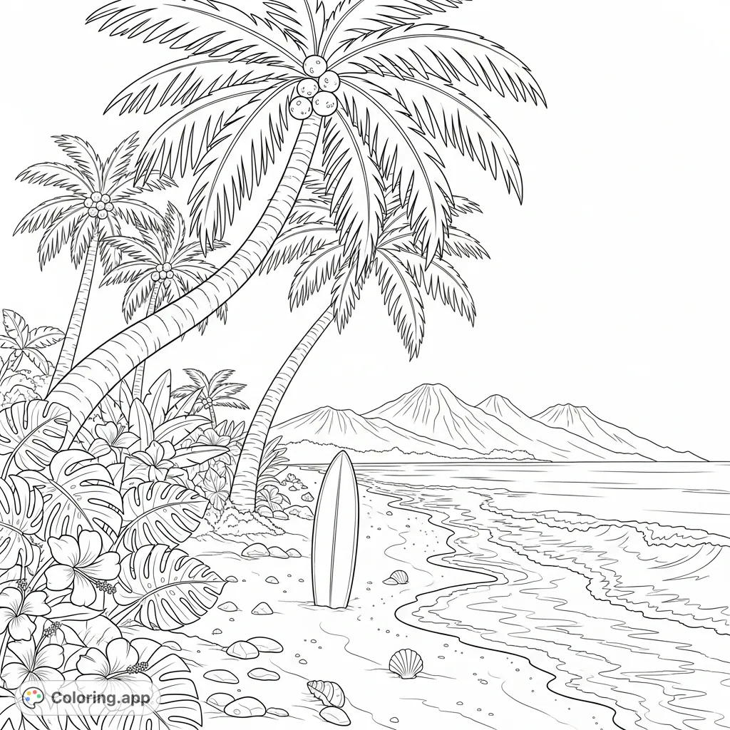 A tranquil Hawaiian beach scene featuring swaying palm trees, gentle ocean waves, and distant volcanic peaks. Perfect for a relaxing coloring experience.