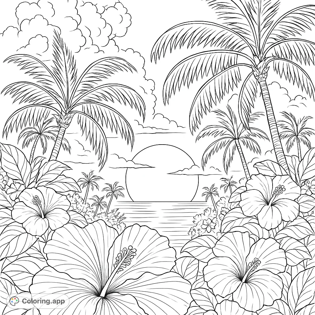 Immerse yourself in a tropical paradise with this free printable tropical sunset coloring page. Features lush hibiscus flowers, swaying palm trees, and a serene ocean sunset. Perfect for relaxation!