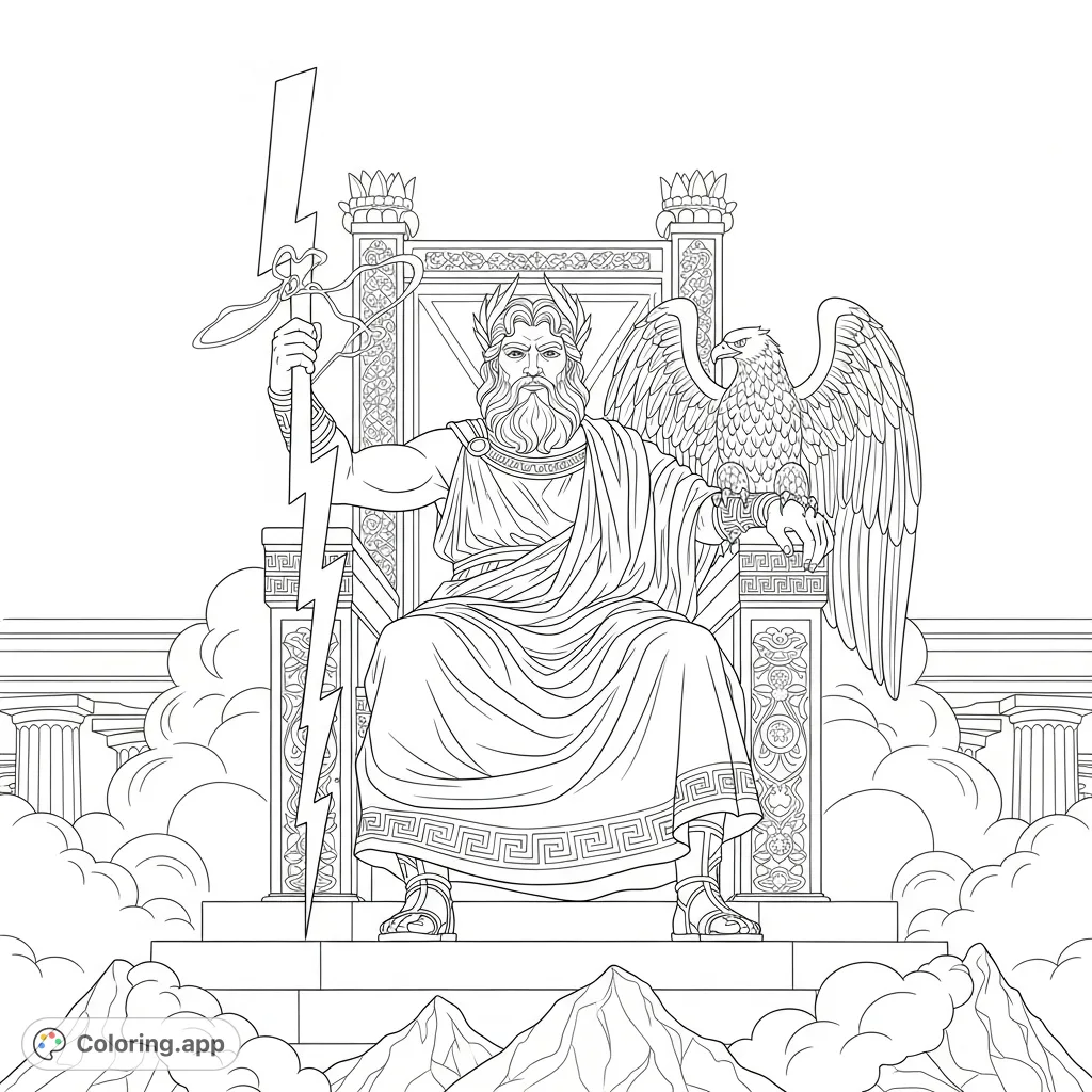 A majestic depiction of Zeus, king of the gods, seated on his throne atop Mount Olympus, surrounded by classical elements and powerful symbols.
