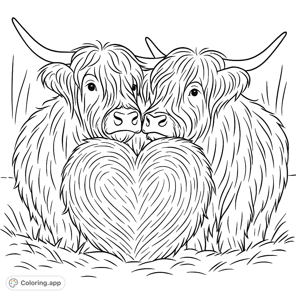 An adorable Highland cow love coloring page featuring two fluffy cows with a furry heart, perfect for animal lovers and Valentine's Day.
