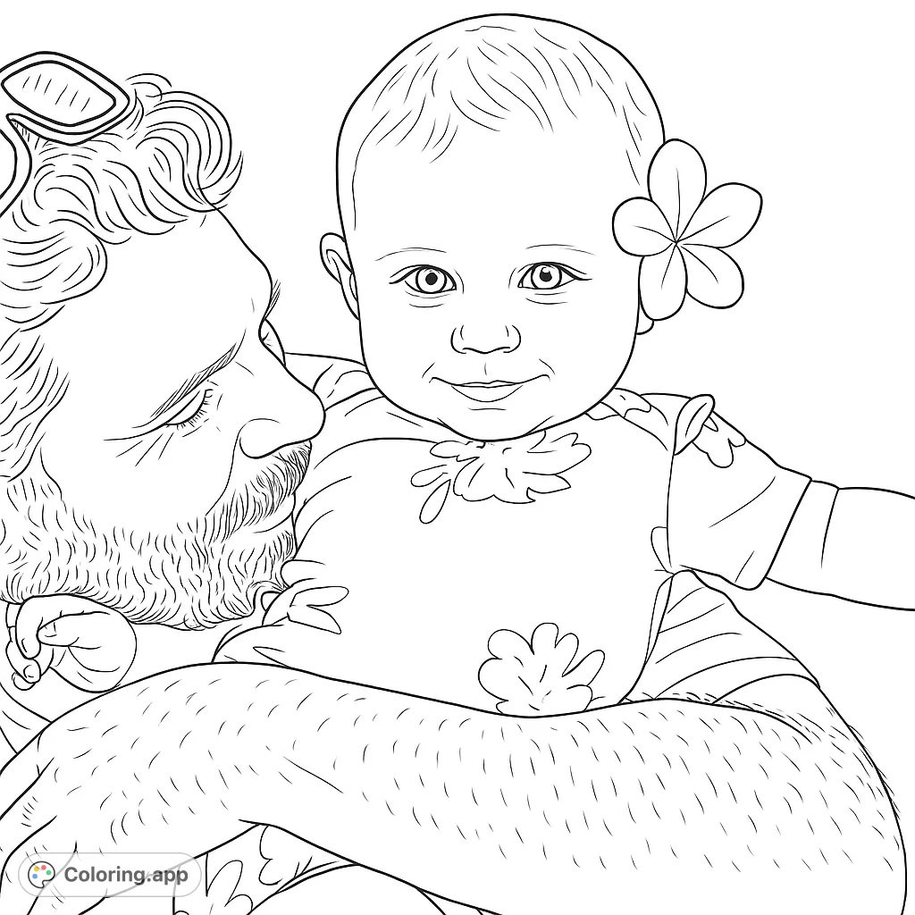 Capture a heartwarming moment: a loving parent holding a smiling baby with a flower. A beautiful, free printable family bonding coloring page.