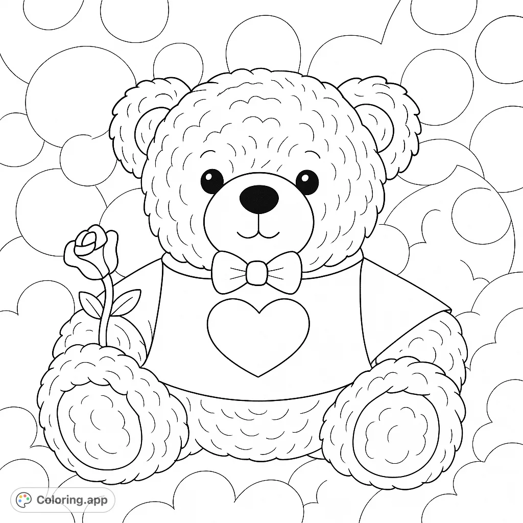 A lovable teddy bear holding a rose, wearing a bow tie and a heart-emblazoned shirt, set against a whimsical background. Perfect for all ages!