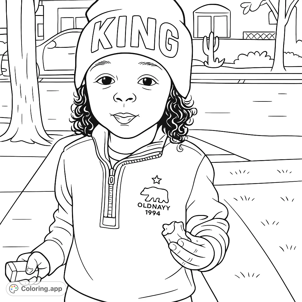 A delightful coloring page featuring a smiling child in a beanie and sweater, holding a snack, set against a charming suburban backdrop. Perfect for kids!