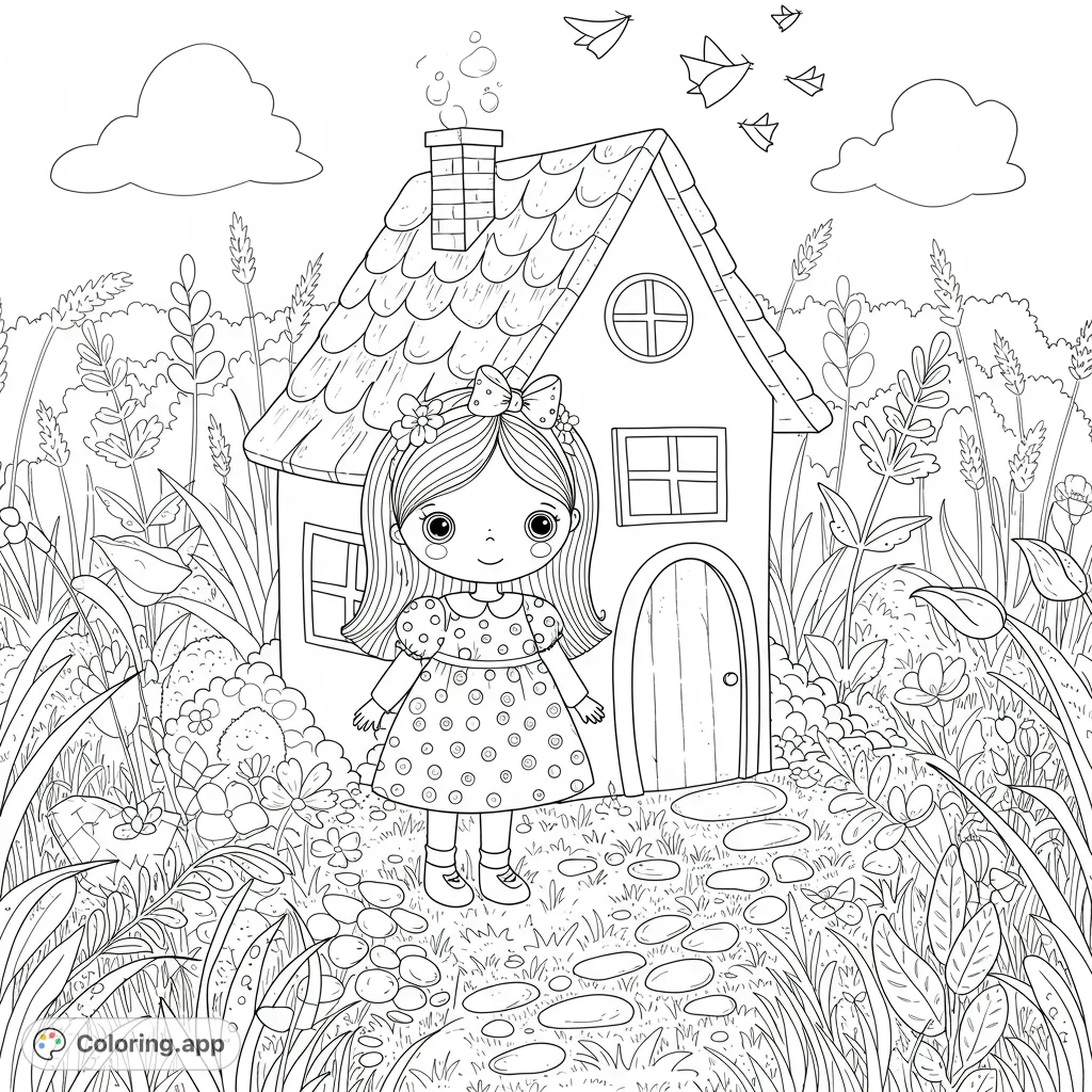 A delightful girl stands before her charming cottage, surrounded by a whimsical garden path and tall grasses. A free printable coloring page for kids.