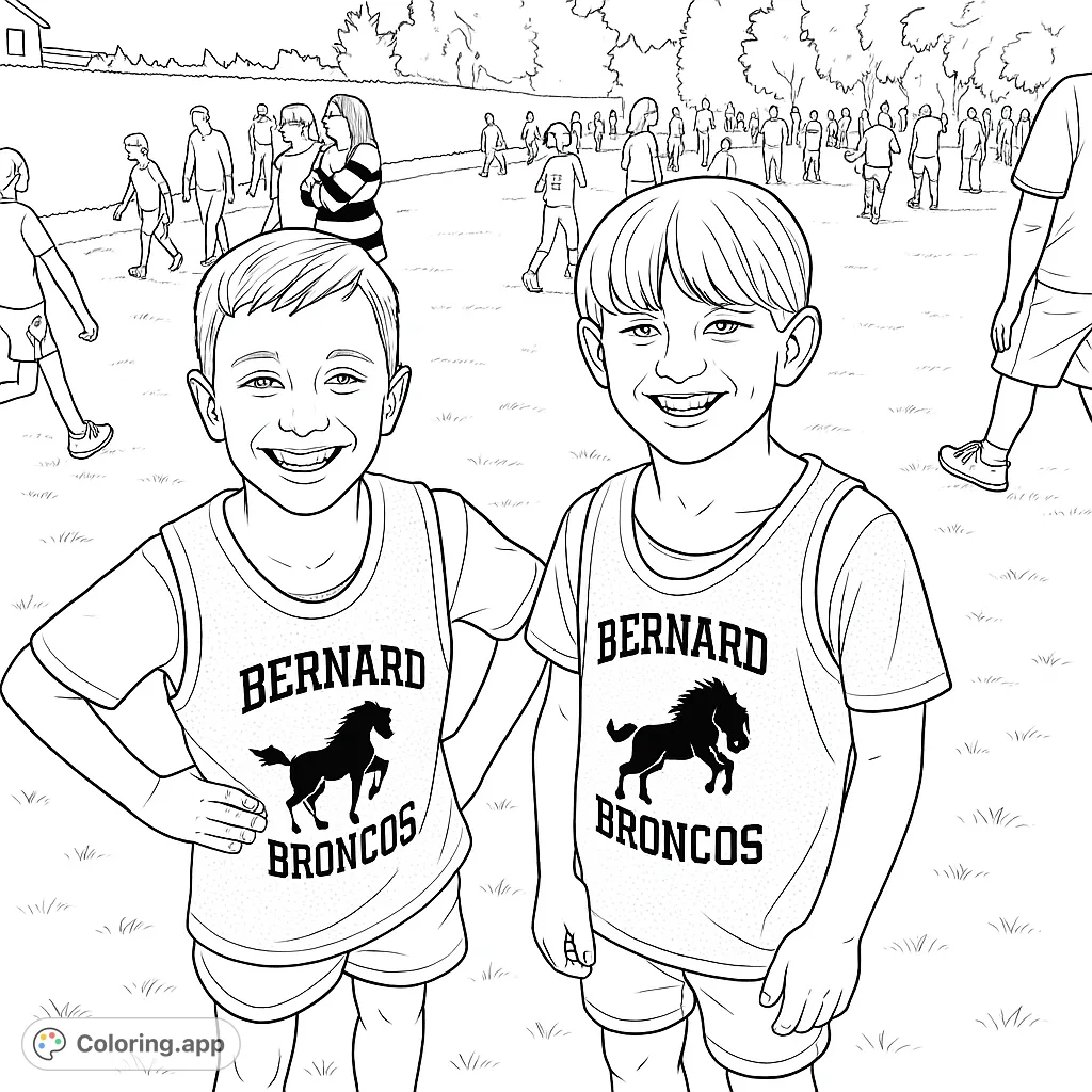 Capture school spirit with this free printable Bernard Broncos coloring page! Two smiling boys in team jerseys stand proudly in a lively field.